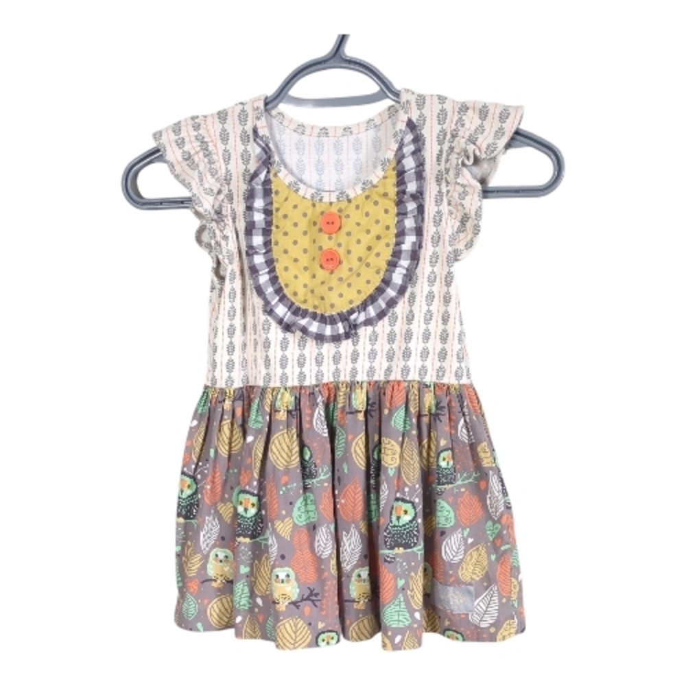 Eleanor Rose Girl's Fall Short Sleeve‎ Owl Dress Gray Ruffle Dress Size 6-7